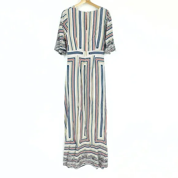 Cotton Bleu Multi Flutter Sleeve Striped Scarf Print V-neck Keyhole Maxi Dress S - Picture 2 of 13